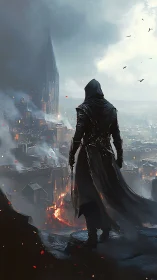 Hooded wanderer overlooks a burning storm-lit fantasy city
