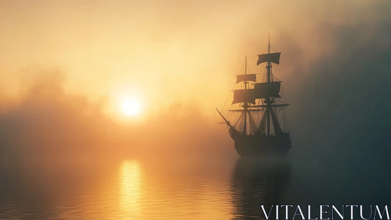 Sunlit tall ship silhouette emerging through coastal fog.