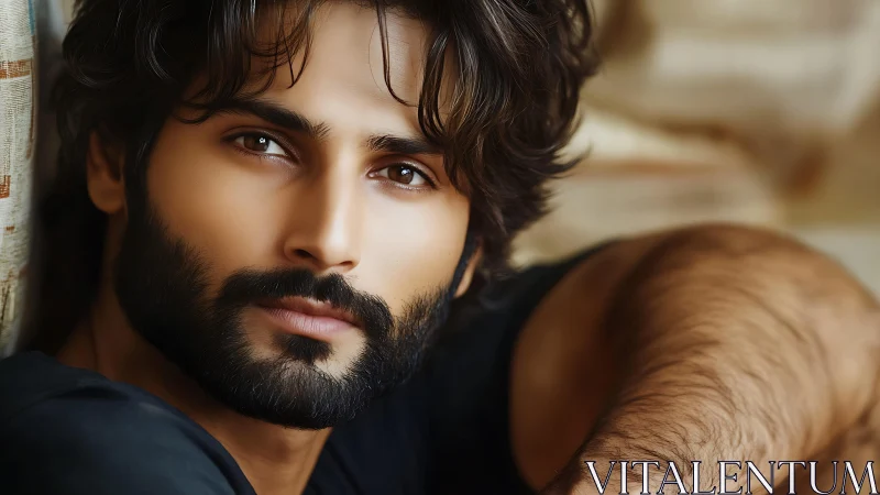 Bearded man gazes softly into camera in warm intimate light