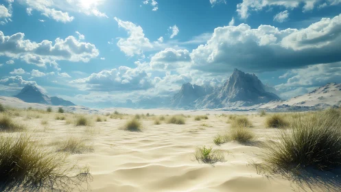 Sunlit desert dunes with distant rocky mountains and clouds.