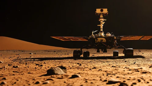 Mars exploration rover under low-angle golden illumination.