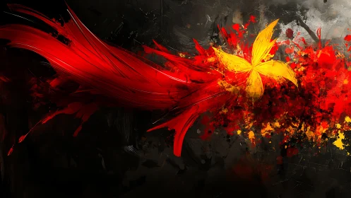 Crimson motion streak with radiant yellow abstract flower.