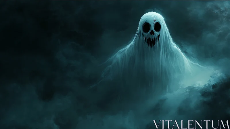 Spectral entity with skull-like mask emerging from turbulent mist