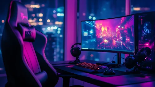Curved monitor gaming workstation in neon city lighting.