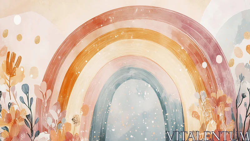 Curved pastel rainbow arches overlay botanical silhouettes