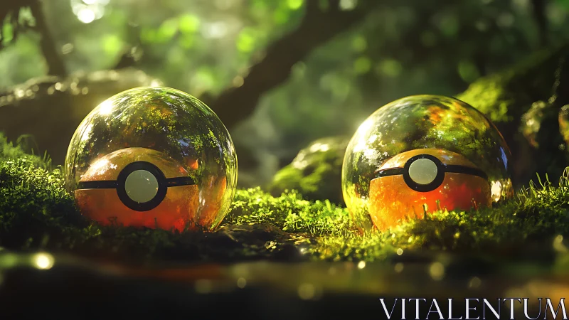 Spherical devices rest on moss in a forest environment