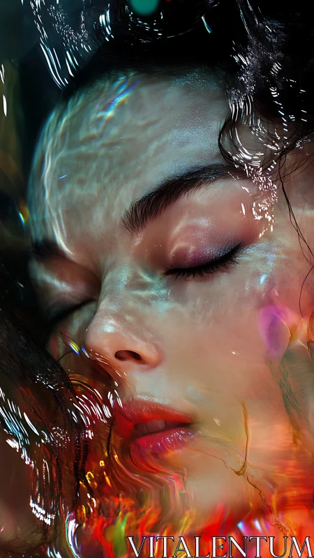 Human face under refracted liquid surface with color effects.