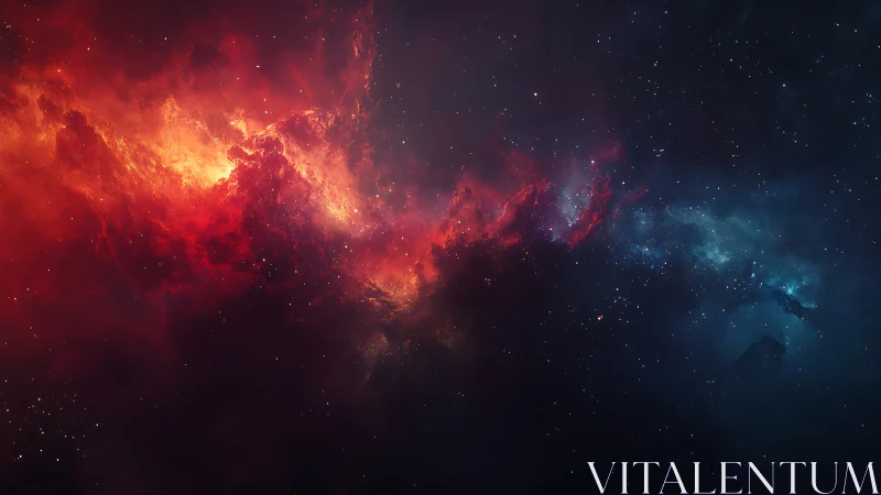 Fiery red nebula ignites against deep blue cosmic silence