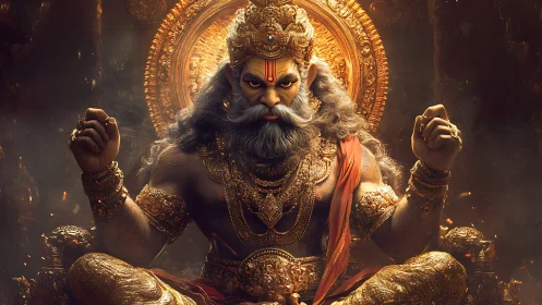 Seated mythic warrior deity on ornate golden throne.