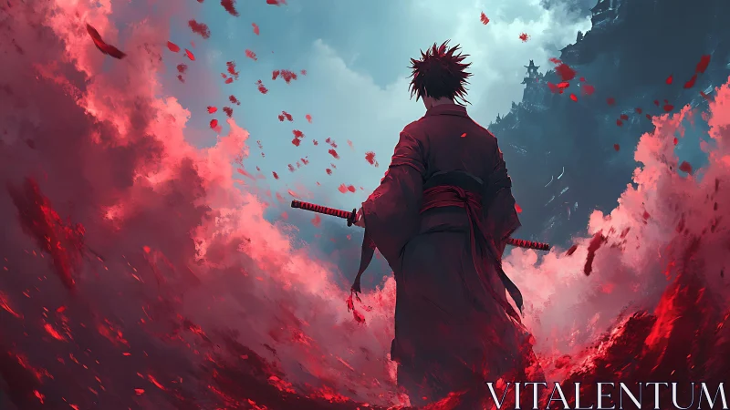 Solitary katana warrior in crimson storm before distant citadel