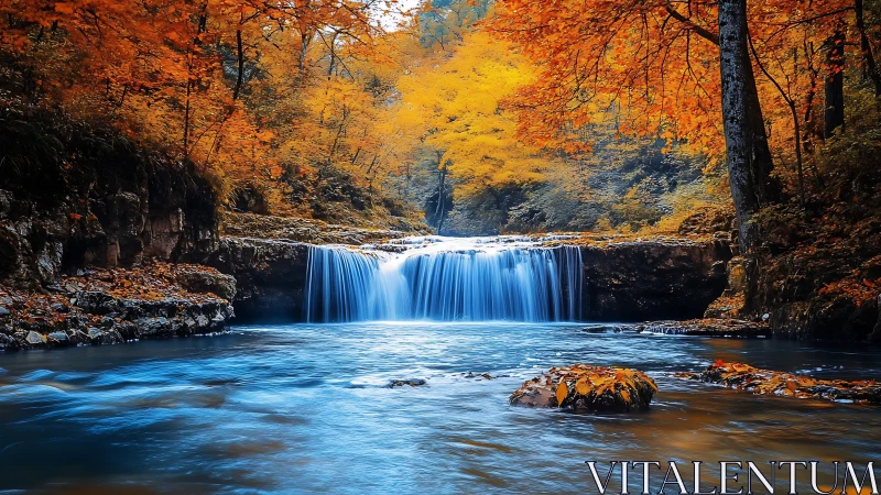 Autumn forest waterfall with silky cascade and cyan river flow.