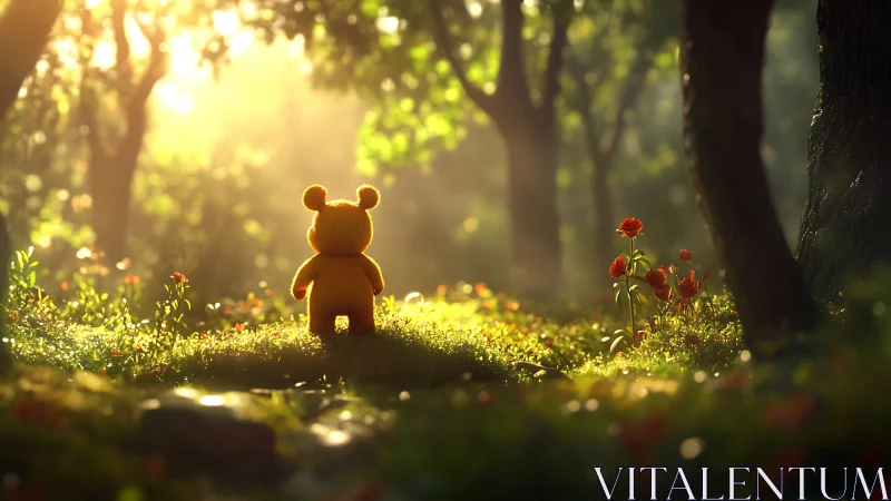 Plush bear toy stands in glowing forest clearing at dawn.