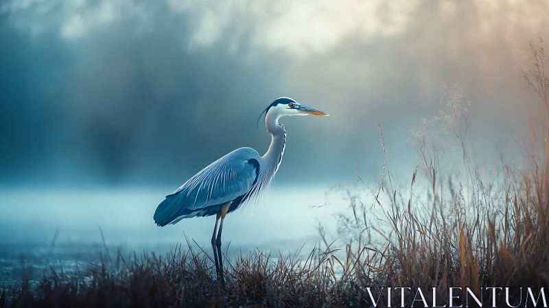 Elegant heron in misty marsh at sunrise, tranquil nature scene.