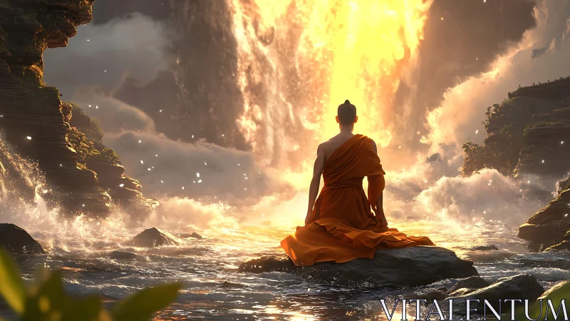 Radiant waterfall welcomes a calm monk into glowing stillness