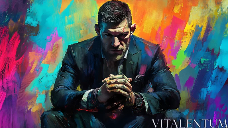 Determined suited man sits against vivid abstract backdrop