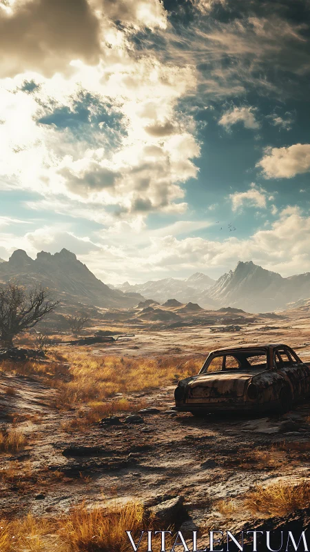 Rusted sedan in arid valley under volumetric cloud-filled sky