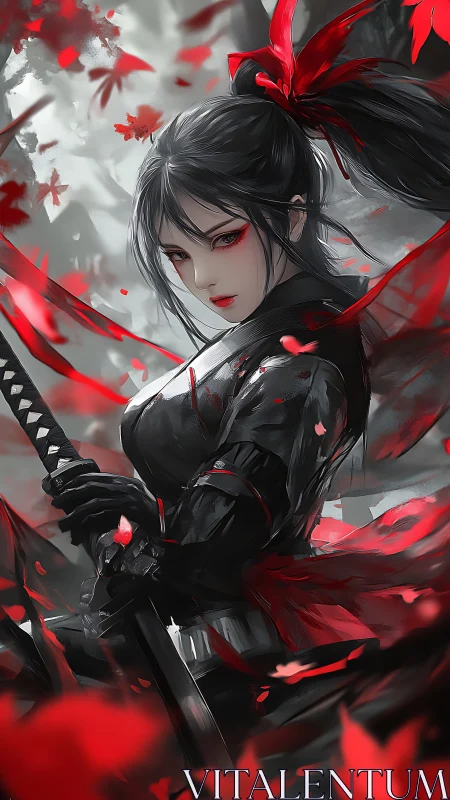 Scarlet-eyed anime warrior stands poised amid falling leaves