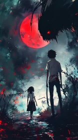 Crimson moonlit path shared by two brave wandering souls.