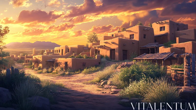 Late-sunset adobe village under volumetric clouds and warm haze