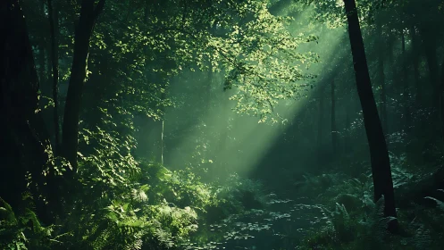 Dense forest with sunlight streaming through canopy