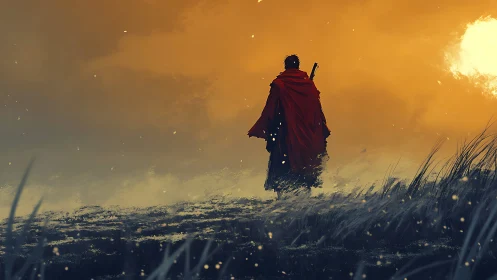 Solitary cloaked wanderer crossing dusk-lit windswept plain.