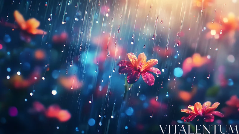 Petals Through Rain: Chromatic Blooms Weeping Luminescence.