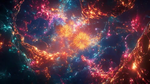 Stellar nebula blooms with neon cosmic fireworks bursts