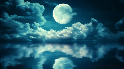 Luminous full moon over reflective ocean under teal clouds.