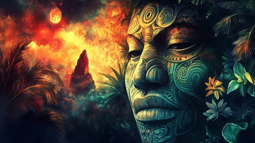 Surreal tribal visage merges with tropical night landscape
