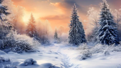 Snowy forest path glowing under a gentle winter sunrise.