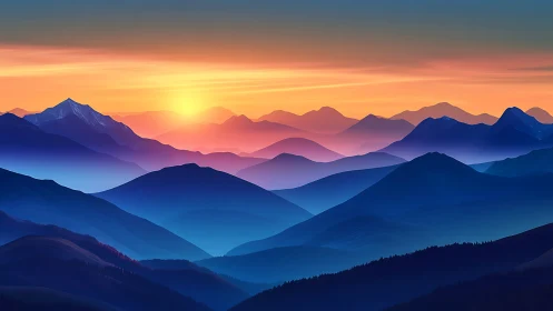 Layered mountain ranges under soft gradient sunrise.