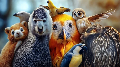 Group of Adorable Animals and Birds in Vibrant Artistic Style.