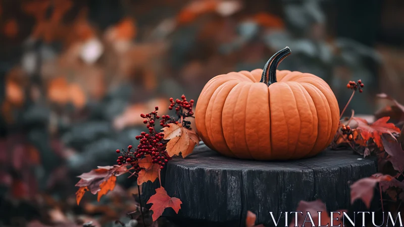 Cozy autumn pumpkin rests on a rustic woodland tree stump