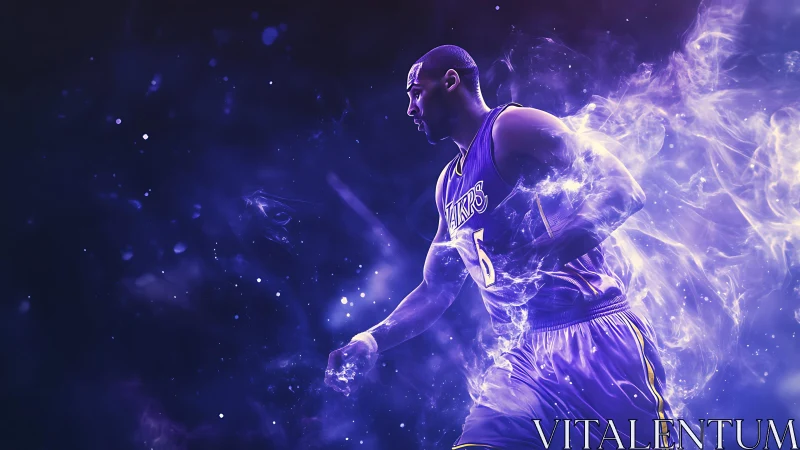 Basketball player in purple uniform amid abstract light field.
