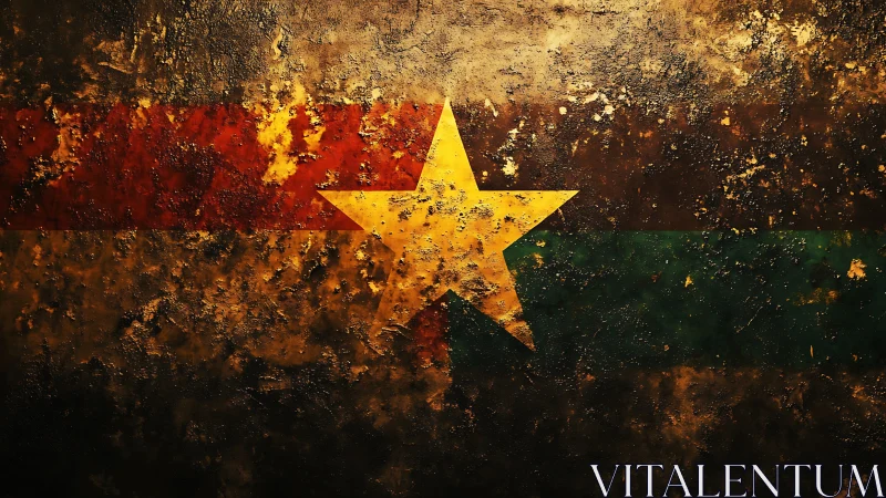 Corroded tricolor flag with central star rendered as textured decay