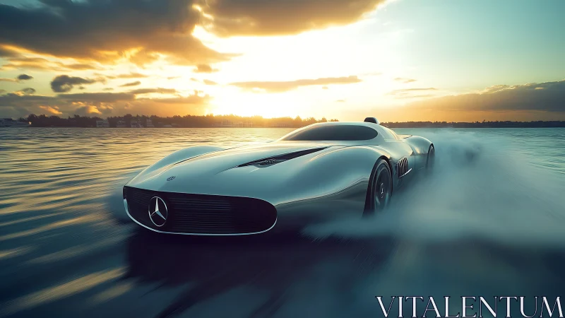 Futuristic silver supercar skims water under blazing sunset