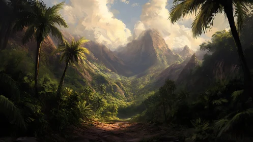 Tropical Mountain Valley with Ancient Palms and Mist.