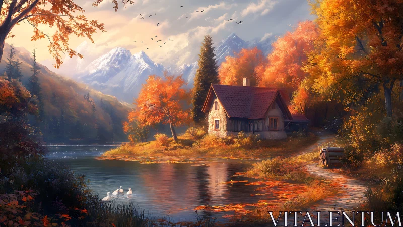 Lakeside autumn cottage with snowy alpine mountain backdrop