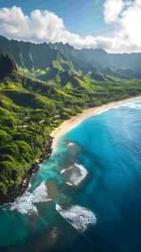 Dramatic Kauai Coastline with Emerald Cliffs and Turquoise Ocean.