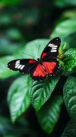 Scarlet-banded butterfly poised on lush green foliage.