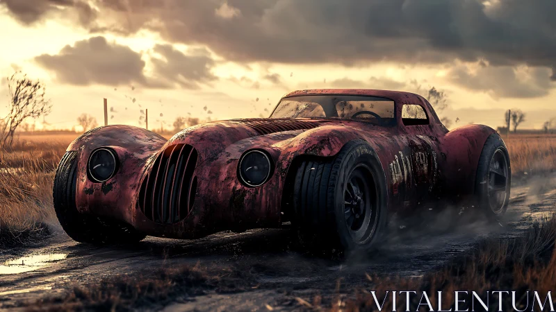 Rust-scarred red coupe powers through stormy dirt road.