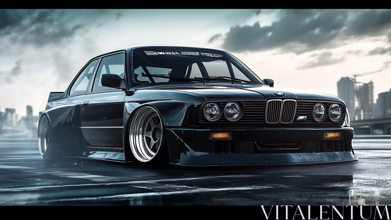 Modified BMW coupe sits low on wet rooftop parking deck