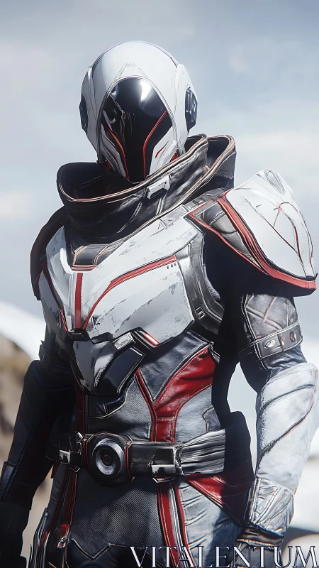 Futuristic armored soldier in white and red exosuit.