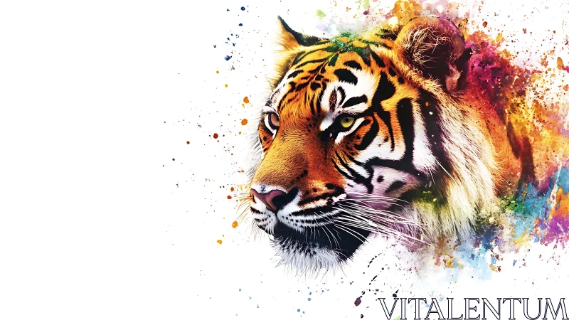 Radiant tiger portrait exploding into vivid color splashes.