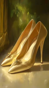 Gold high-heeled shoes with jewel detail in soft light.