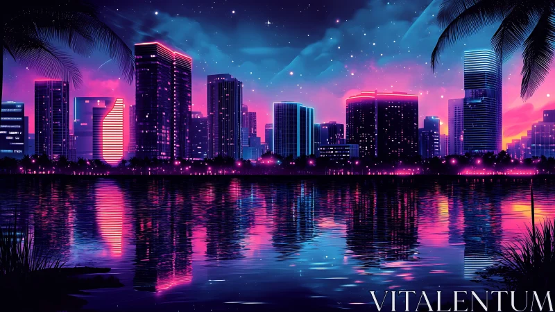 Neon-illuminated waterfront skyline reflects in still water