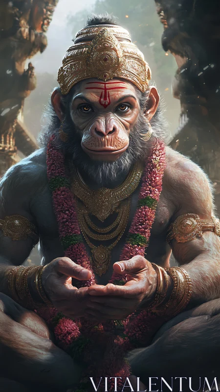 Divine monkey warrior sits in ornate gold temple light.
