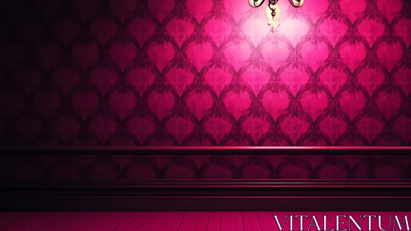 Interior space with ornamental patterned wallpaper and dramatic lighting fixture