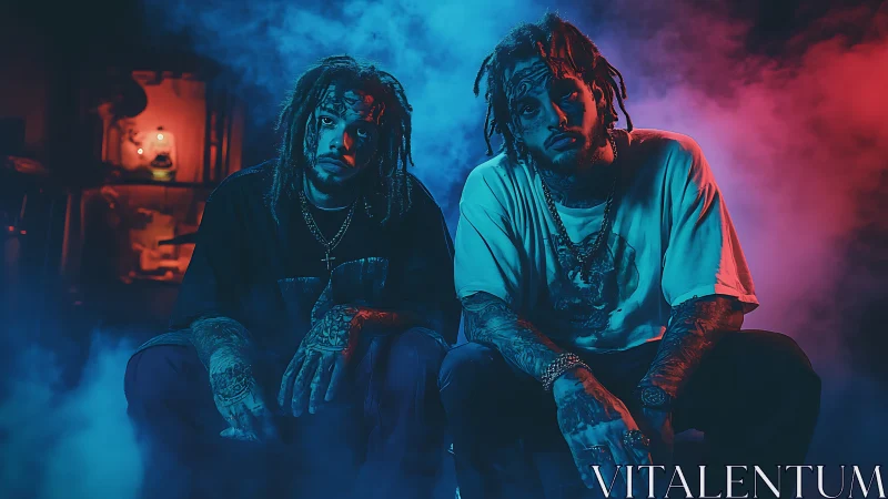 Dual portrait in colored haze with cinematic low key lighting contrast