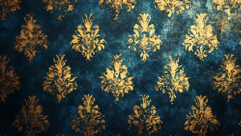 Gold baroque fleur-de-lis damask tiling on textured teal ground